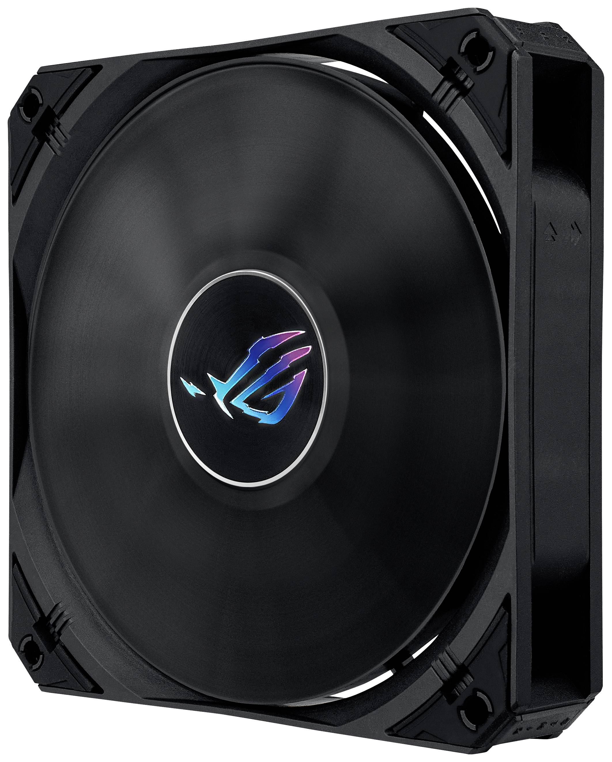 Ein schwarzer Computerlüfter in quadratischer Form mit einem zentralen bunten Logo.