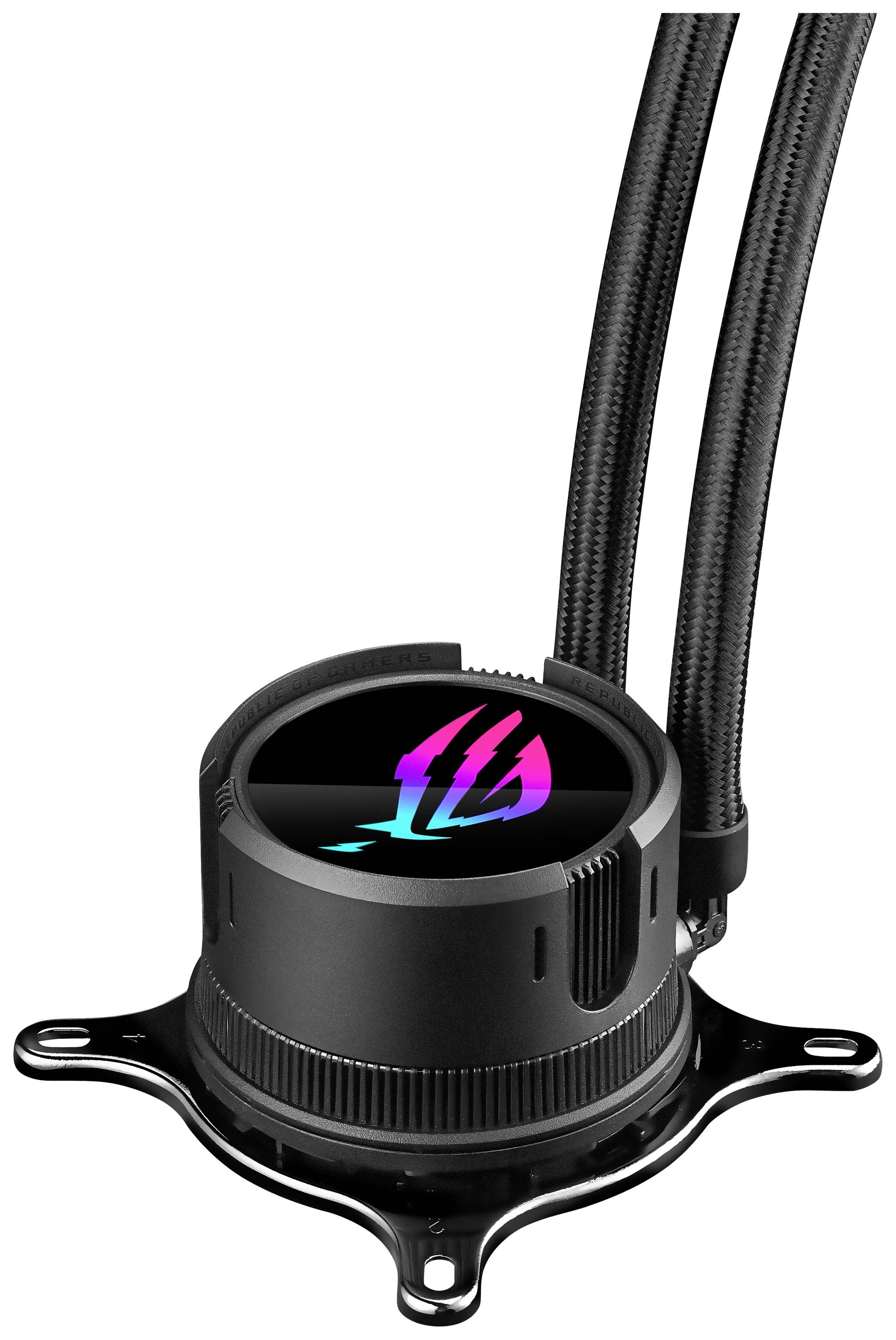 Eine schwarze CPU-Wasserkühlungseinheit mit RGB-Beleuchtung oben, zwei Schläuche führen vom Zylinder weg.