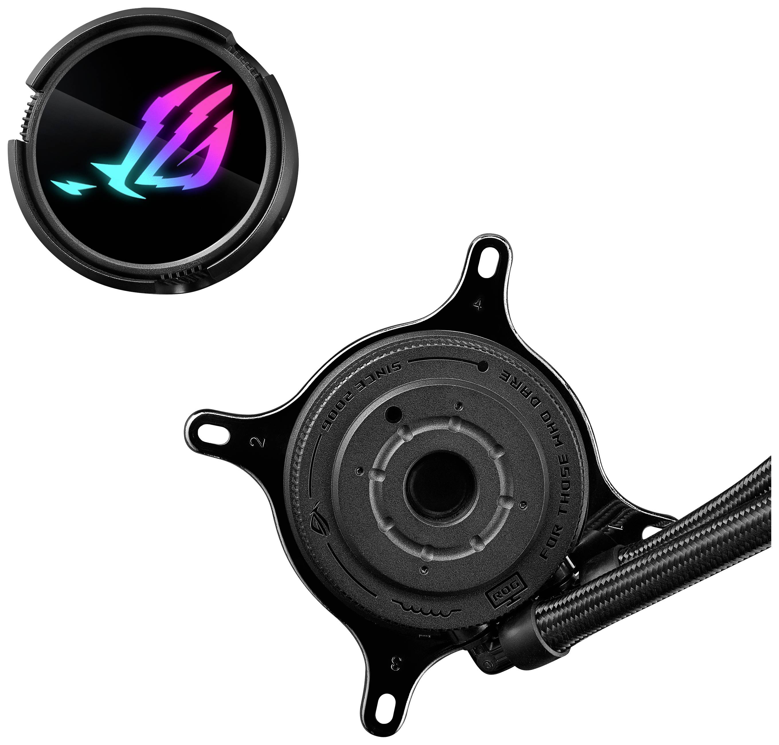 Runder CPU-Kühler und Lüfter mit beleuchtetem Logo. Schwarzes Design mit flexiblen Kabeln. Hochwertige Kühlungstechnologie.