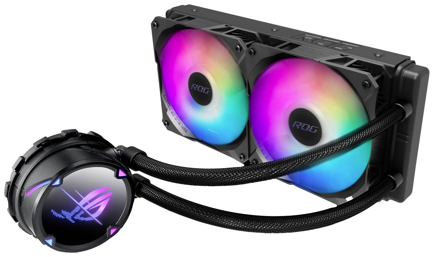 Flüssigkeitskühlungssystem für Computer mit zwei RGB-beleuchteten Ventilatoren und Pumpe, geeignet für Gaming-PCs.