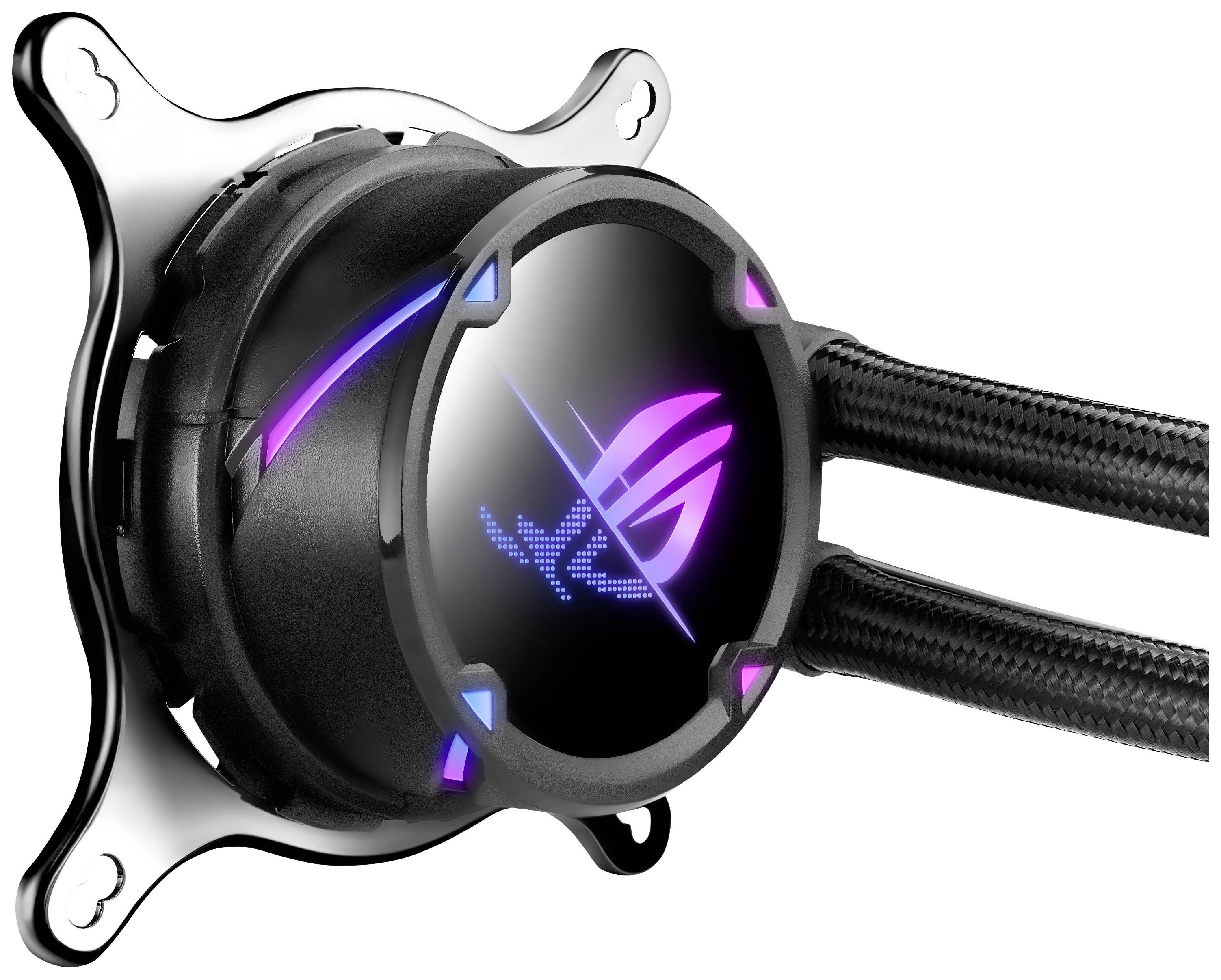 Flüssigkeitskühler mit schwarzem Gehäuse, RGB-Beleuchtung und zwei Kabeln, geeignet für den Einsatz in Computerprozessoren.