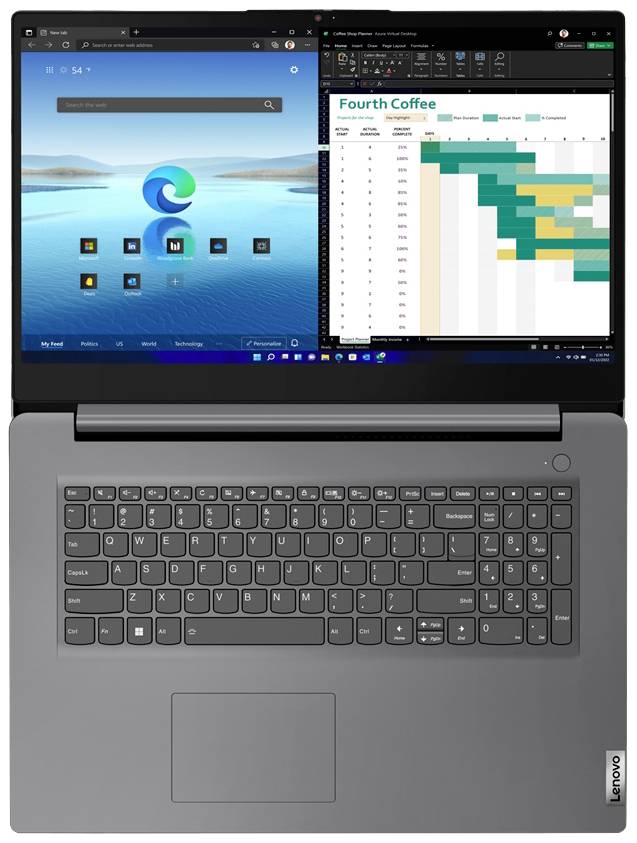 'Ein Laptop zeigt zwei geöffnete Fenster: links ein Browser mit Edge-Logo, rechts eine Tabelle mit farbcodierten Daten von 