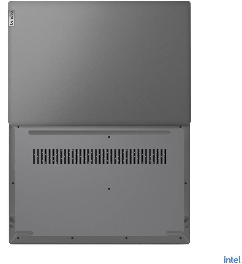 Ein geschlossenes, graues Lenovo-Laptop mit Intel-Logo in der Ecke, gezeigt von oben. Oberseite und Unterseite sichtbar.