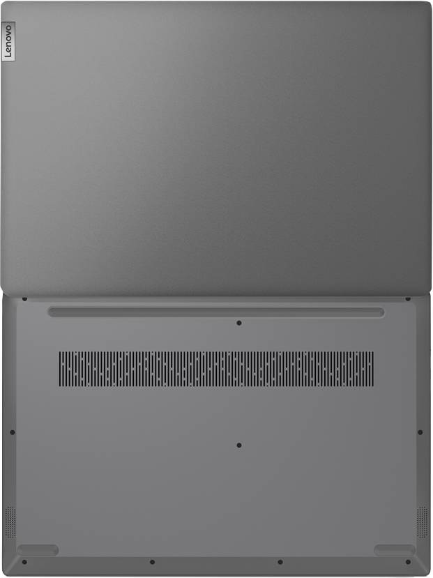 Ein geöffneter Laptop von oben, zeigt die Rückseite des Bildschirms und die Unterseite des Gehäuses mit Lüftungsschlitzen.