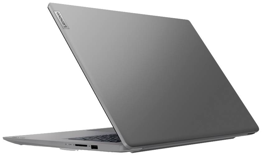 Grauer Laptop von hinten zu sehen, teilweise geöffnet, mit sichtbarem Lenovo-Logo auf der linken Ecke des Bildschirmdeckels.