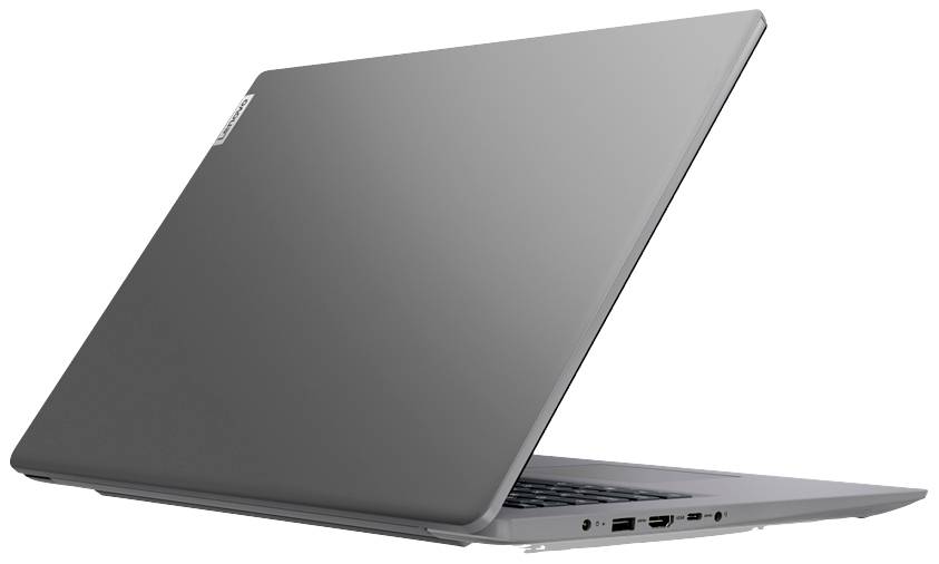 Ein grauer Laptop mit leicht geöffnetem Deckel, Bildschirm nicht sichtbar. Rechtsseitige Anschlüsse gut erkennbar.