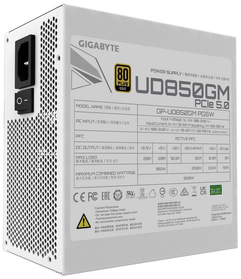 GIGABYTE-Netzteil, Modell UD850GM 5.0, 850W, 80 Plus Gold, PCIe 5.0, zeigt Spezifikationen wie Spannung, Ausgang und Effizienz.