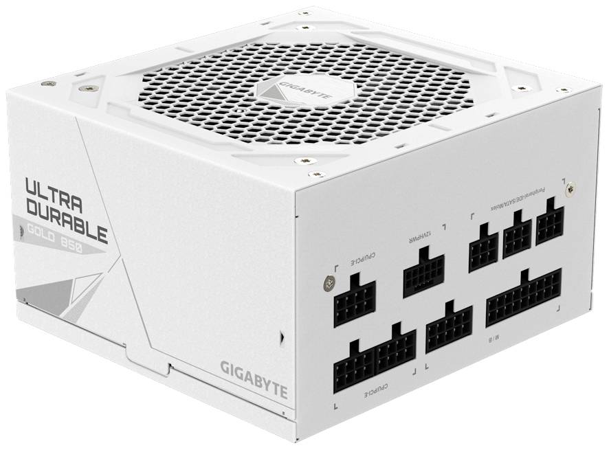 Weiße PC-Netzteilkomponente, markiert mit 'Ultra Durable Gold 850'. Verschiedene Kabelanschlüsse an der Vorderseite sichtbar.
