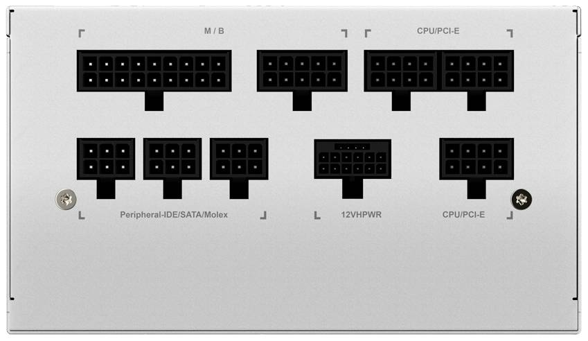 Netzteil-Anschlussfeld mit mehreren Schnittstellen für Motherboard, CPU, Peripheriegeräte und SATA/Molex.