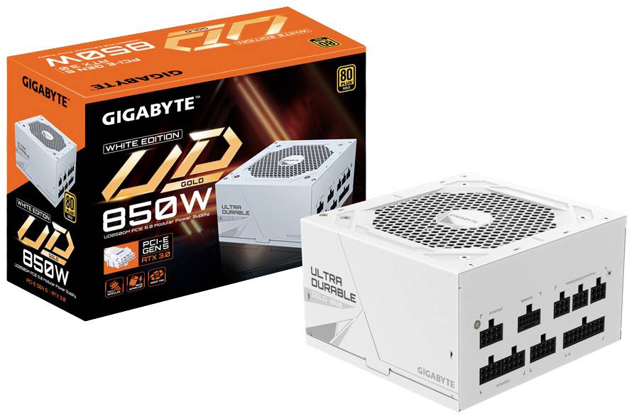 Eine weiße Gigabyte 850W Netzteilbox 'White Edition', zeigt das 80 Plus Gold Zertifikat. Netzteil daneben mit mehreren Anschlüssen.