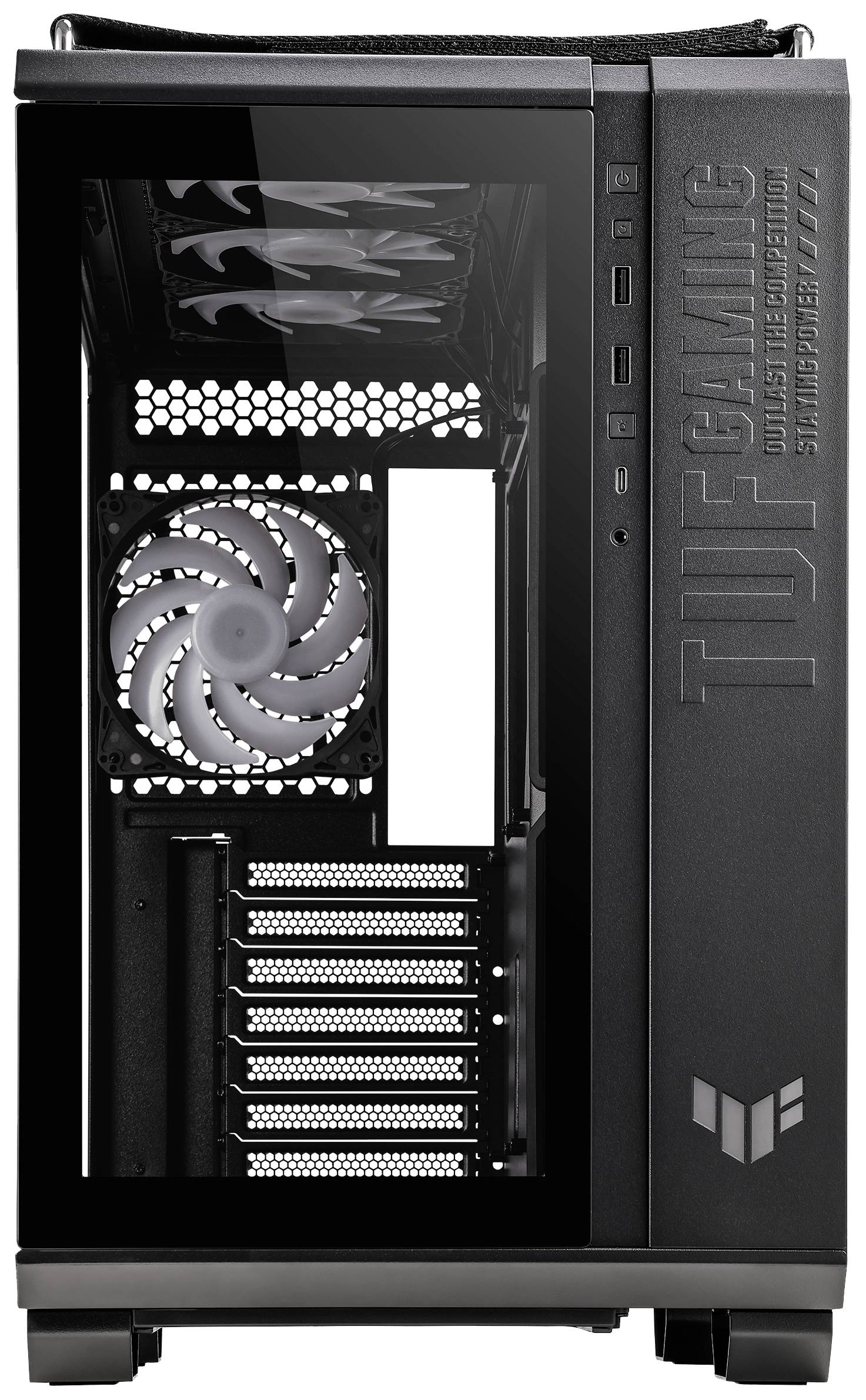 PC-Gehäuse mit Seitensichtfenster, beleuchtetem Lüfter und TUF Gaming-Markierung. Zeigt Erweiterungssteckplätze und Anschlüsse vorne.