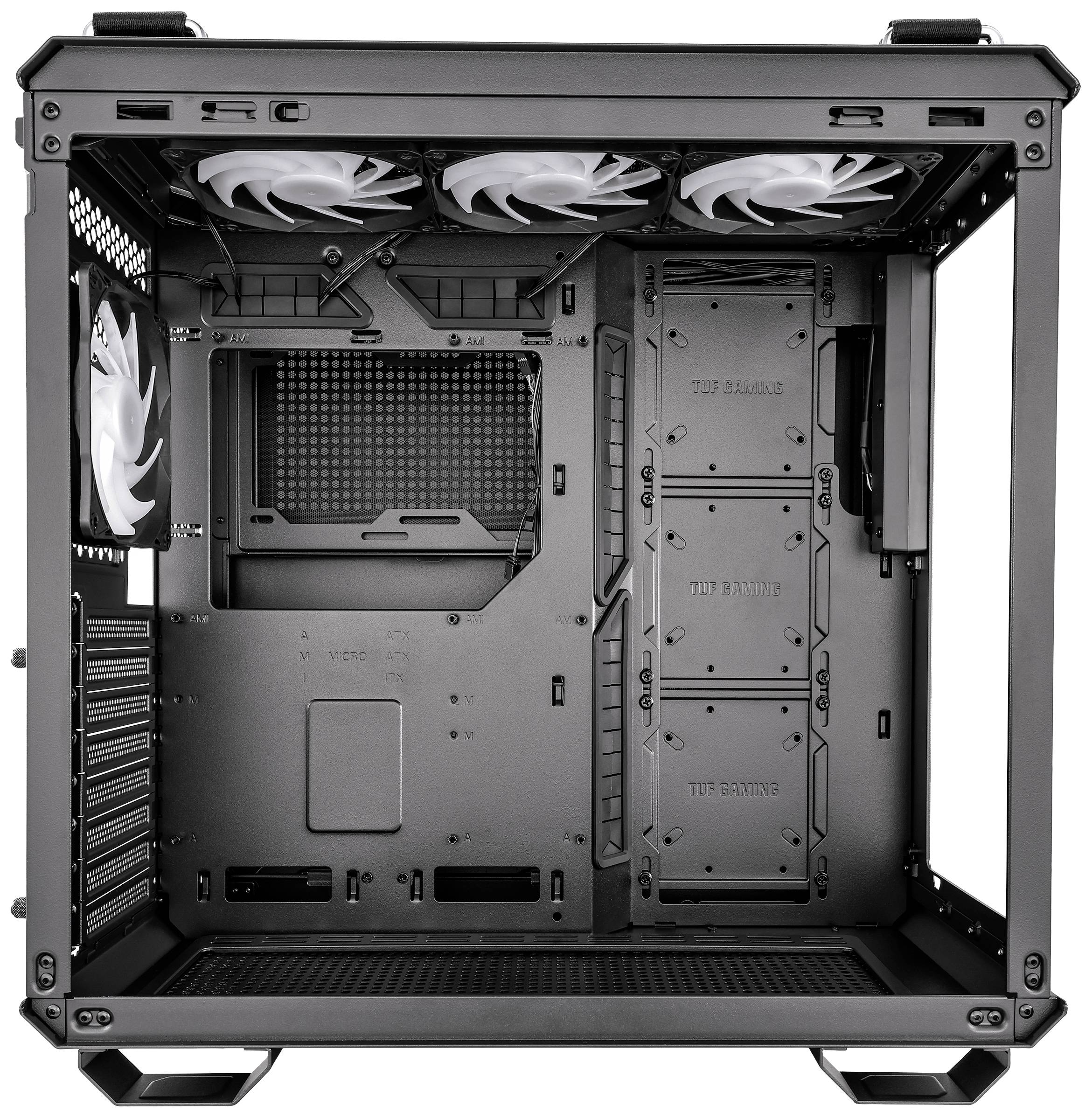 Schwarzes Computergehäuse von innen, zeigt Platz für Mainboard und Lüfter, ohne installierte Hardware, bietet viele Erweiterungsoptionen.