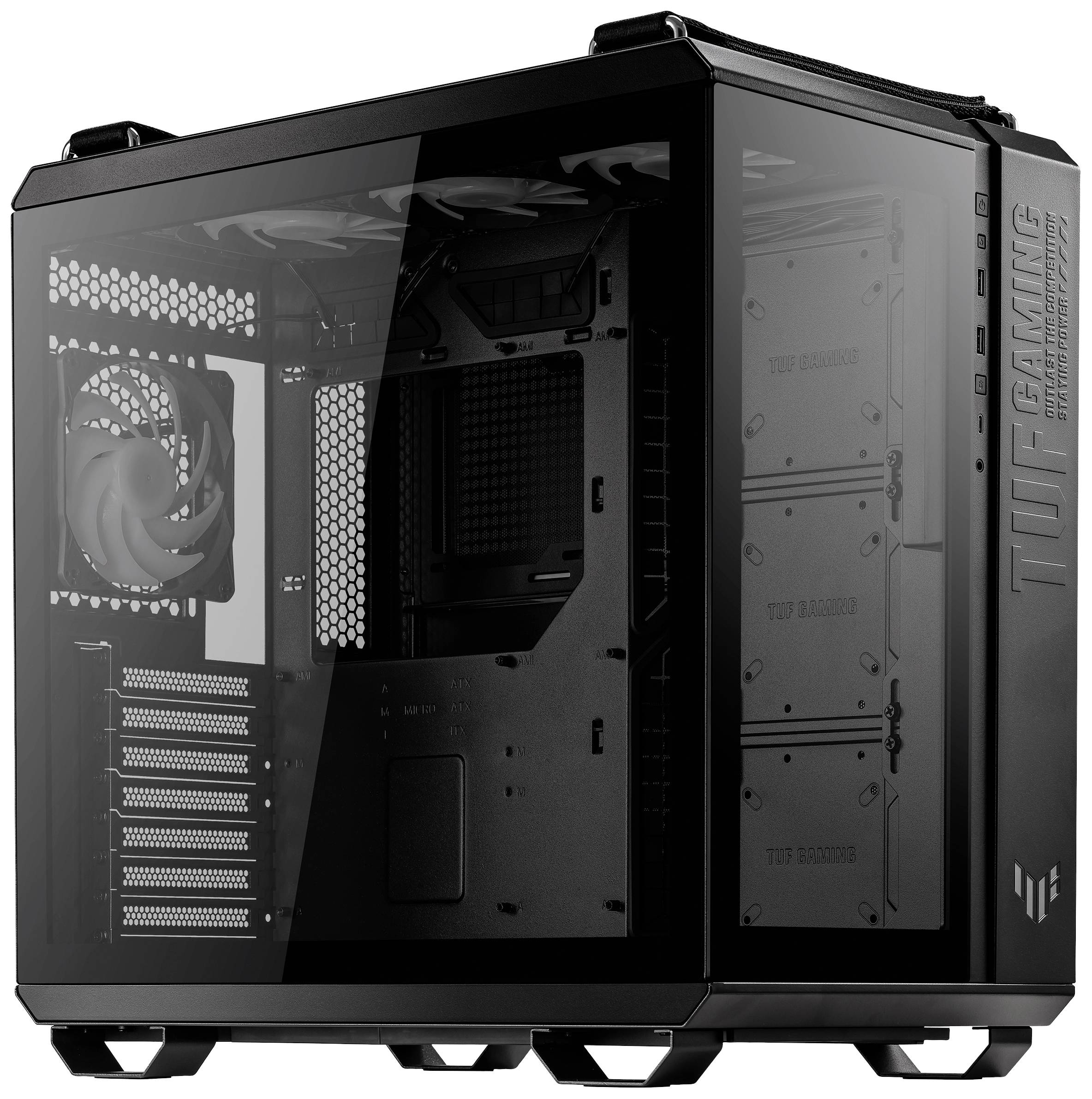 Schwarzes Gaming-PC-Gehäuse mit transparentem Seitenfenster. Sichtbar sind innen Lüfter und Gehäusestruktur.