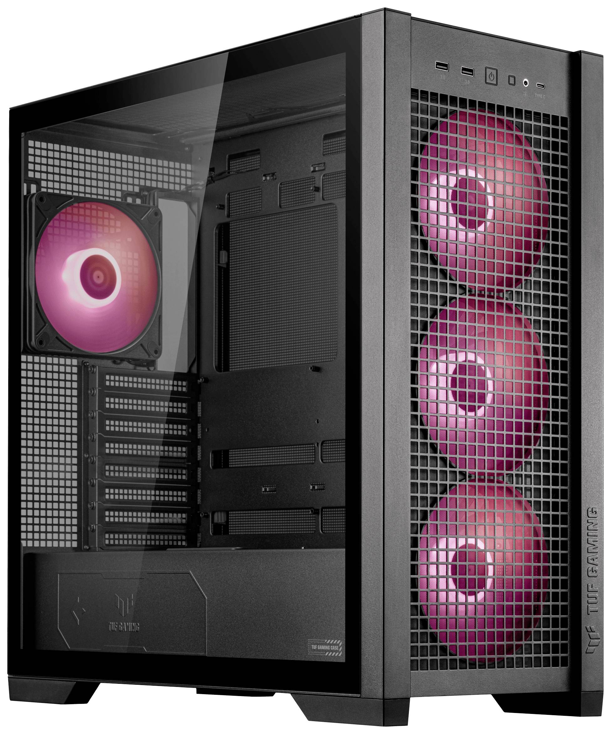 Schwarzes Computergehäuse mit transparentem Seitenfenster, das vier rot beleuchtete Lüfter zeigt.