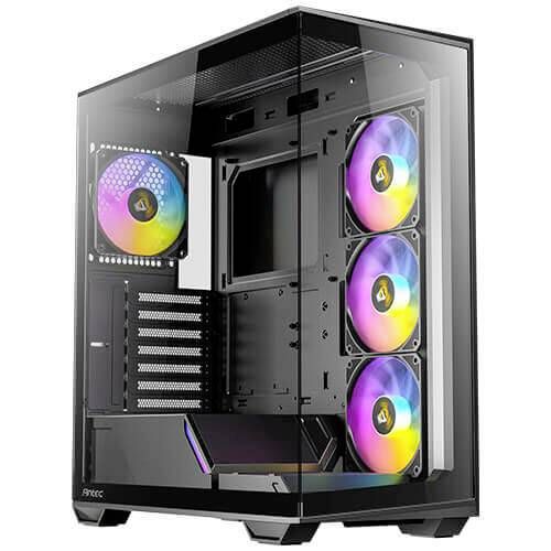 Ein durchsichtiges PC-Gehäuse mit mehreren installierten Lüftern mit RGB-Beleuchtung, geeignet für Gaming-Setups.