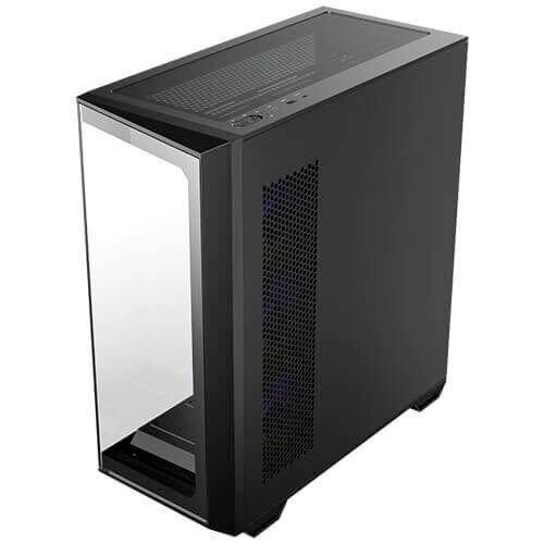 Schwarzes Computergehäuse mit transparentem Seitenteil und Lüftungsschlitzen an der Seite. Ideal für PC-Komponentenmontage.