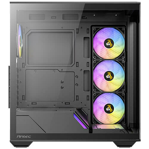 Ein PC-Gehäuse mit seitlichem Sichtfenster. Innen sind drei RGB-Lüfter in einer vertikalen Ausrichtung sichtbar.