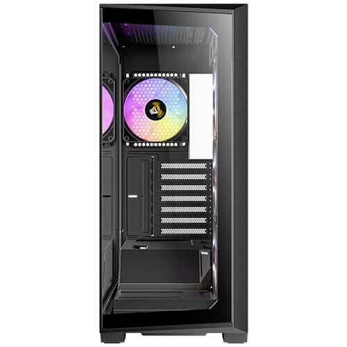Ein leerer, schwarzer PC-Tower mit einem transparenten Seitenteil und einem beleuchteten Lüfter an der Rückseite.