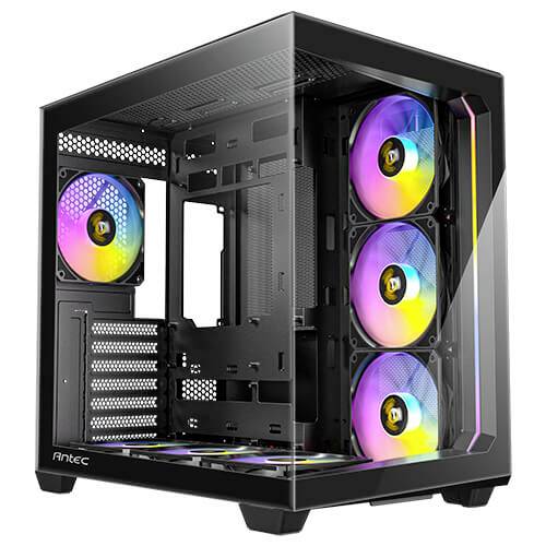 Ein Computergehäuse mit transparenten Seiten und mehreren eingebauten Lüftern mit RGB-Beleuchtung.