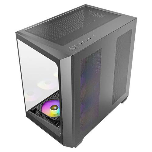 Schwarzes PC-Gehäuse mit seitlichem Glasfenster, zeigt bunte RGB-Belüftungselemente. Ideal für Gaming-Setups.