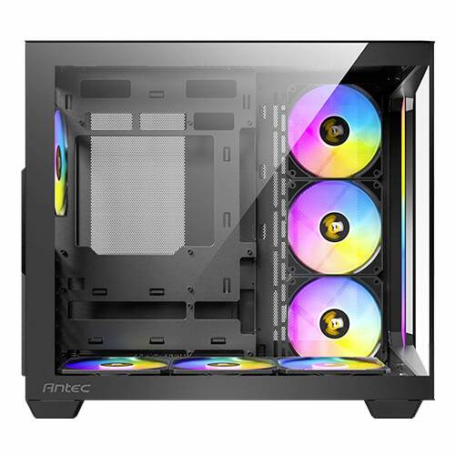 PC-Gehäuse mit Glasfenster und sechs RGB-Lüftern, die bunt leuchten. Das Gehäuse ist leer und bietet Platz für PC-Komponenten.