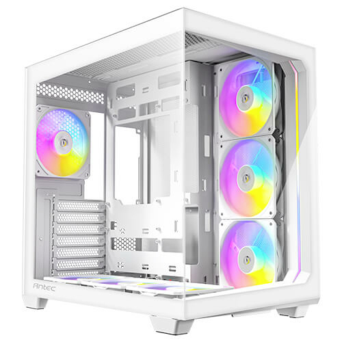PC-Gehäuse aus Glas mit mehreren RGB-Lüftern, die in Regenbogenfarben leuchten. Das Design ist modern und offen für Komponentenmontage.