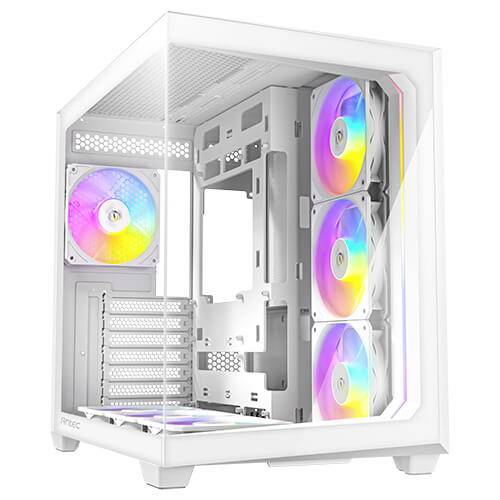 Ein leerer, weißer PC-Gehäuse-Tower mit Glasscheibe und mehreren eingebauten, leuchtenden, RGB-Lüftern.