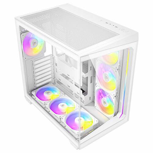 Ein weißes Computergehäuse mit transparenten Seiten zeigt bunte, beleuchtete Lüfter im Inneren. Ideal für personalisierte Gaming-PCs.