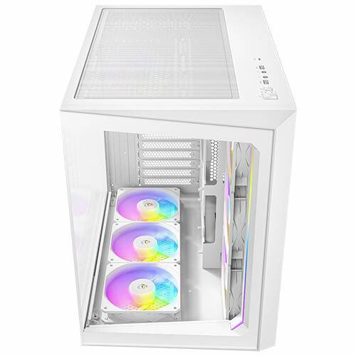 Ein weißes PC-Gehäuse mit Glasfenster zeigt drei bunte LED-Lüfter auf der Vorderseite und bietet Platz für weitere Komponenten.
