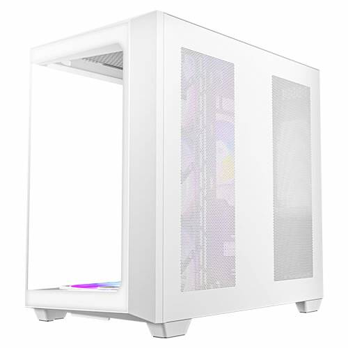 Weißes, rechteckiges Computergehäuse mit transparenten Seitenteilen. Sichtbare RGB-Beleuchtung und Lüfter innen.