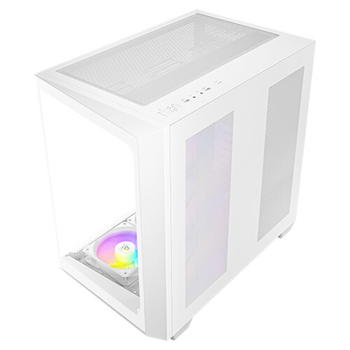 Ein weißes Computergehäuse mit transparentem Seitenpanel und bunter RGB-Beleuchtung im Inneren. Ideal für Gaming-Setups.