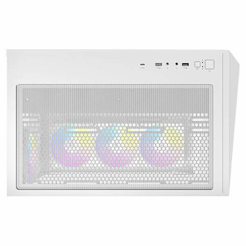 Ein weißes Computergehäuse mit einer durchsichtigen Front, hinter der drei leuchtende Lüfter in verschiedenen Farben zu sehen sind.