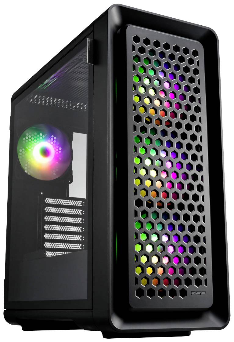 FSP Fortron CUT593P Tower Gaming-Gehäuse Schwarz 4 Vorinstallierte LED Lüfter, Staubfilter, Seitenfenster