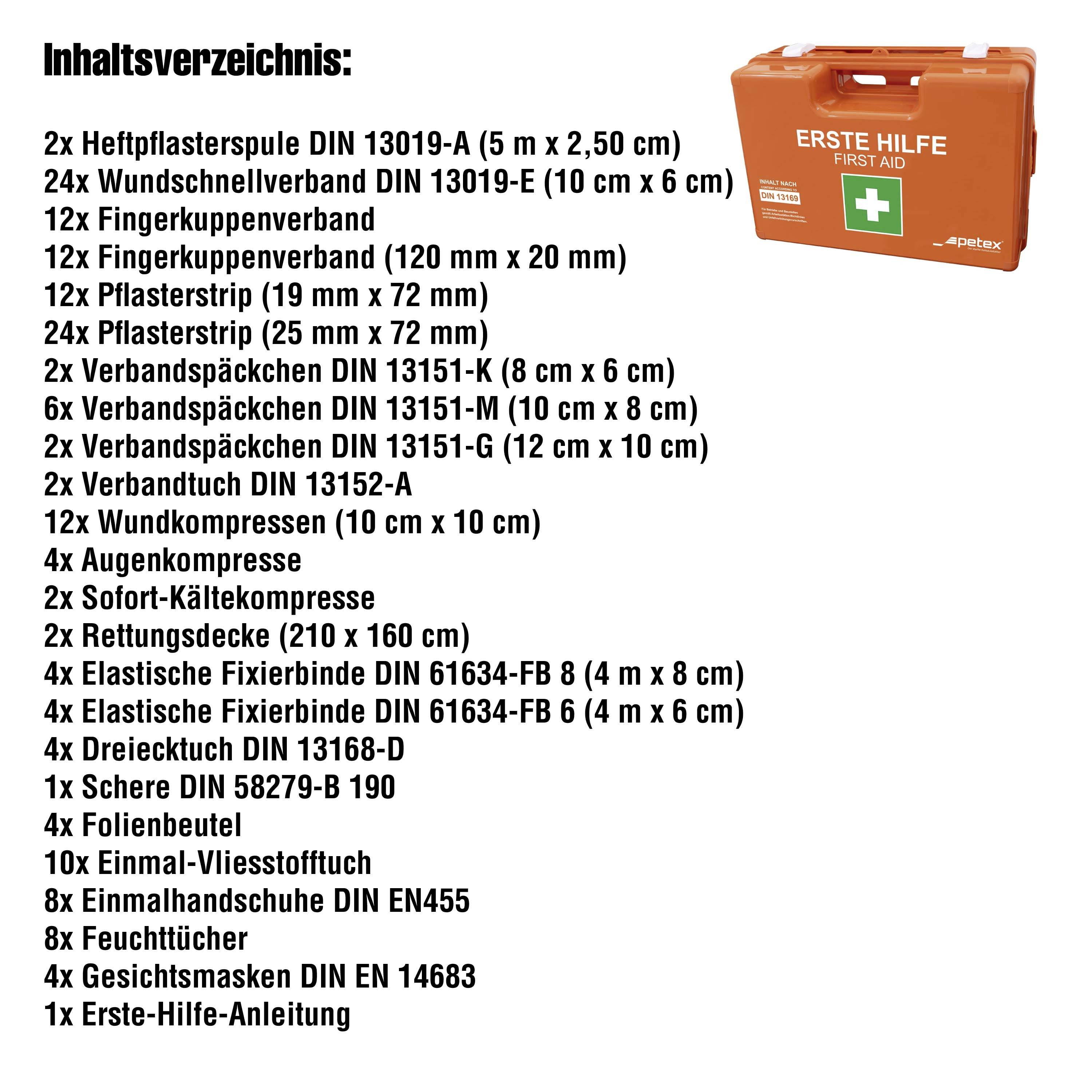 'Inhaltsverzeichnis' einer Erste-Hilfe-Box. Listet 21 medizinische Artikel auf, darunter Pflaster, Verbände, Augenspülung und Anleitungen.
