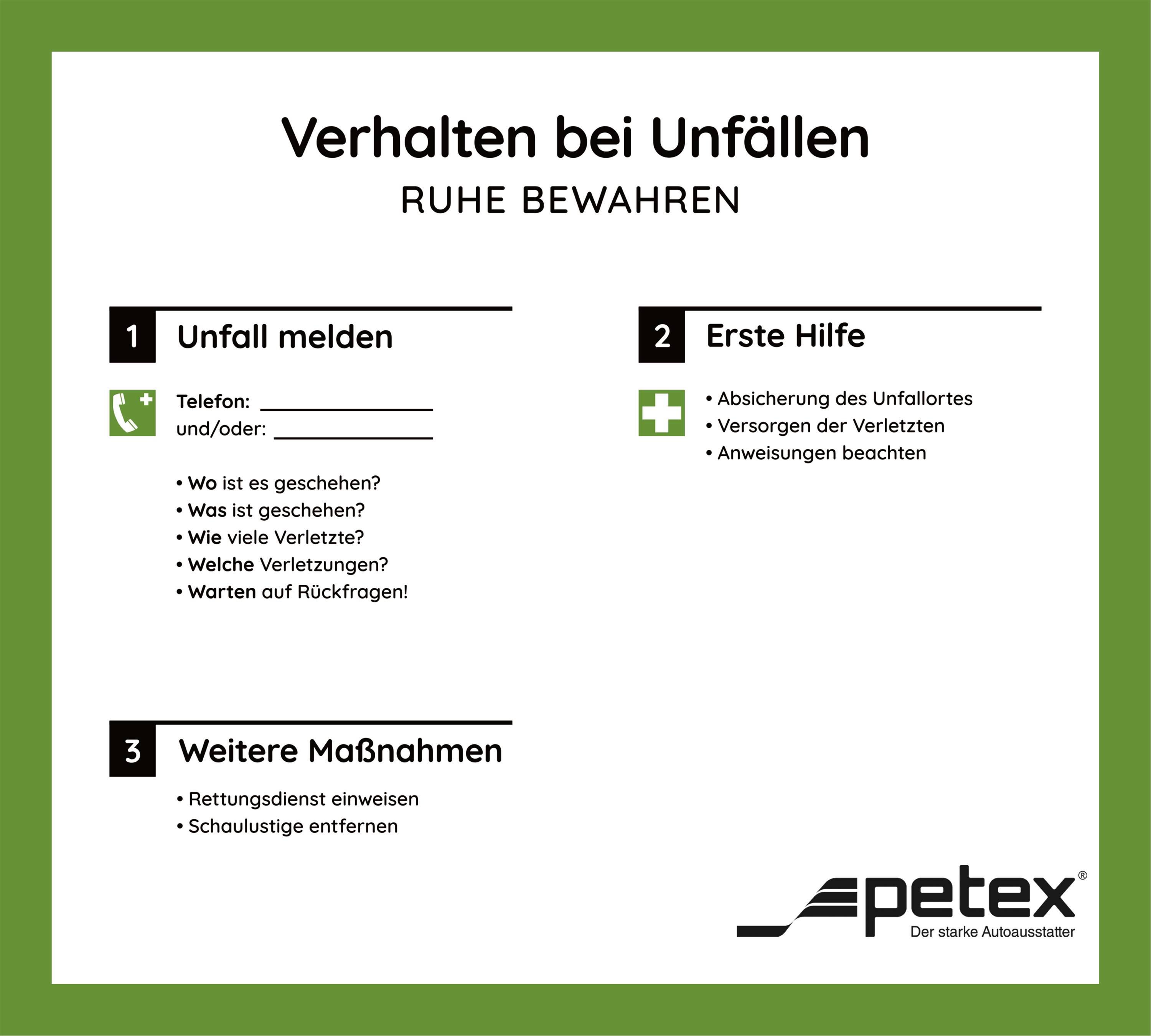 Verhalten bei Unfällen: Ruhe bewahren. 1. Unfall melden: Telefon, Details, Hilfe. 2. Erste Hilfe: Absichern, Verletzte versorgen. 3. Weitere Maßnahmen: Rettungsdienst, Schaulustige.