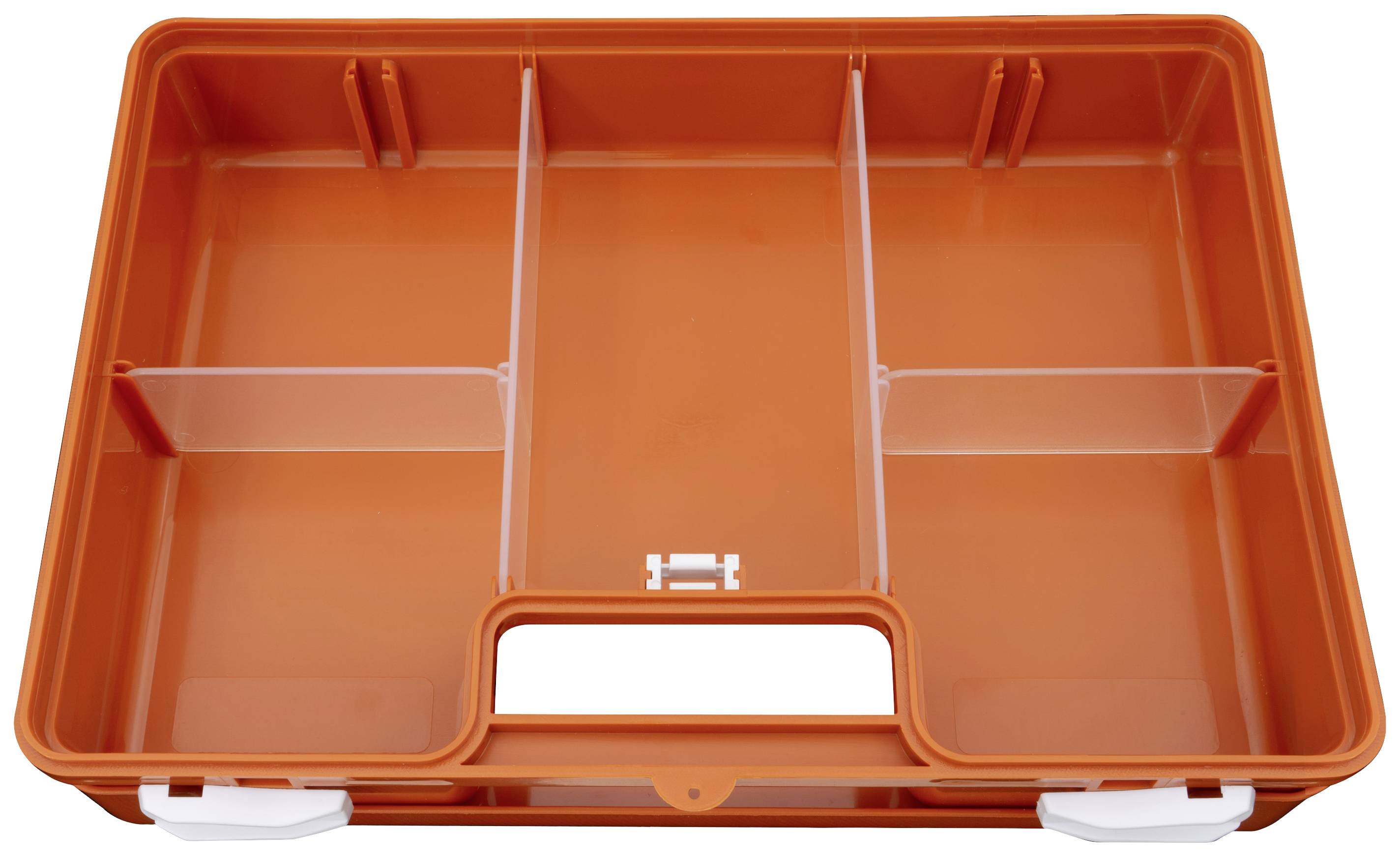 Orange Kunststoff-Aufbewahrungsbox mit vier Fächern und einem Griff in der Mitte. Ideal zum Organisieren kleiner Gegenstände.