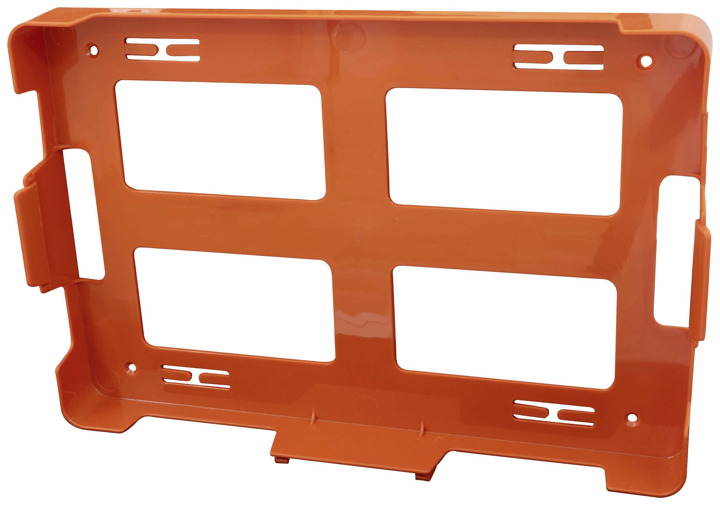 Ein orangefarbenes Kunststoffrahmen mit rechteckigen Aussparungen, vermutlich Teil eines Bau- oder Aufbewahrungssystems.