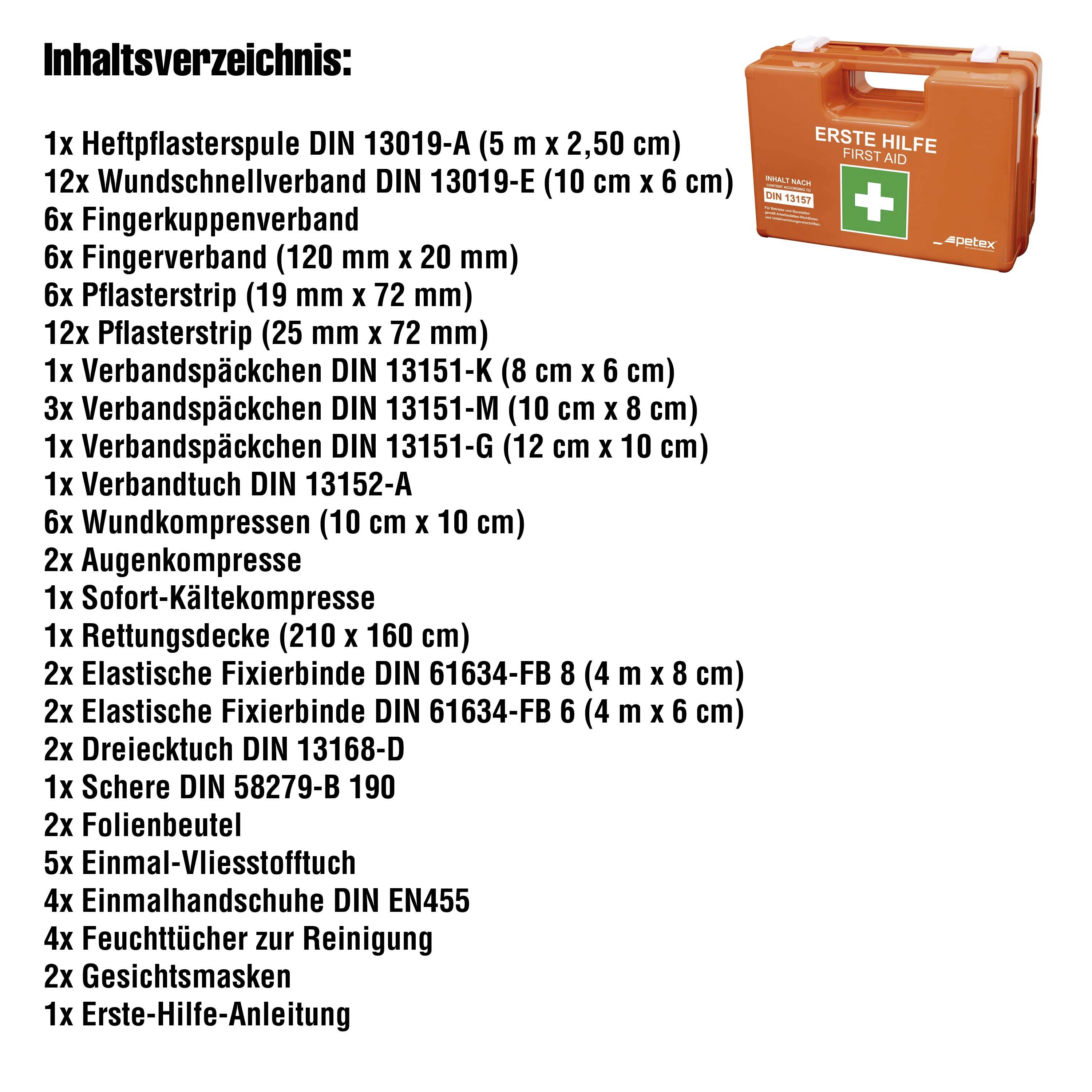 'Inhaltsverzeichnis' eines Erste-Hilfe-Kastens mit Pflastern, Verbänden, Schere, Handschuhen, Masken und Erste-Hilfe-Anleitung.