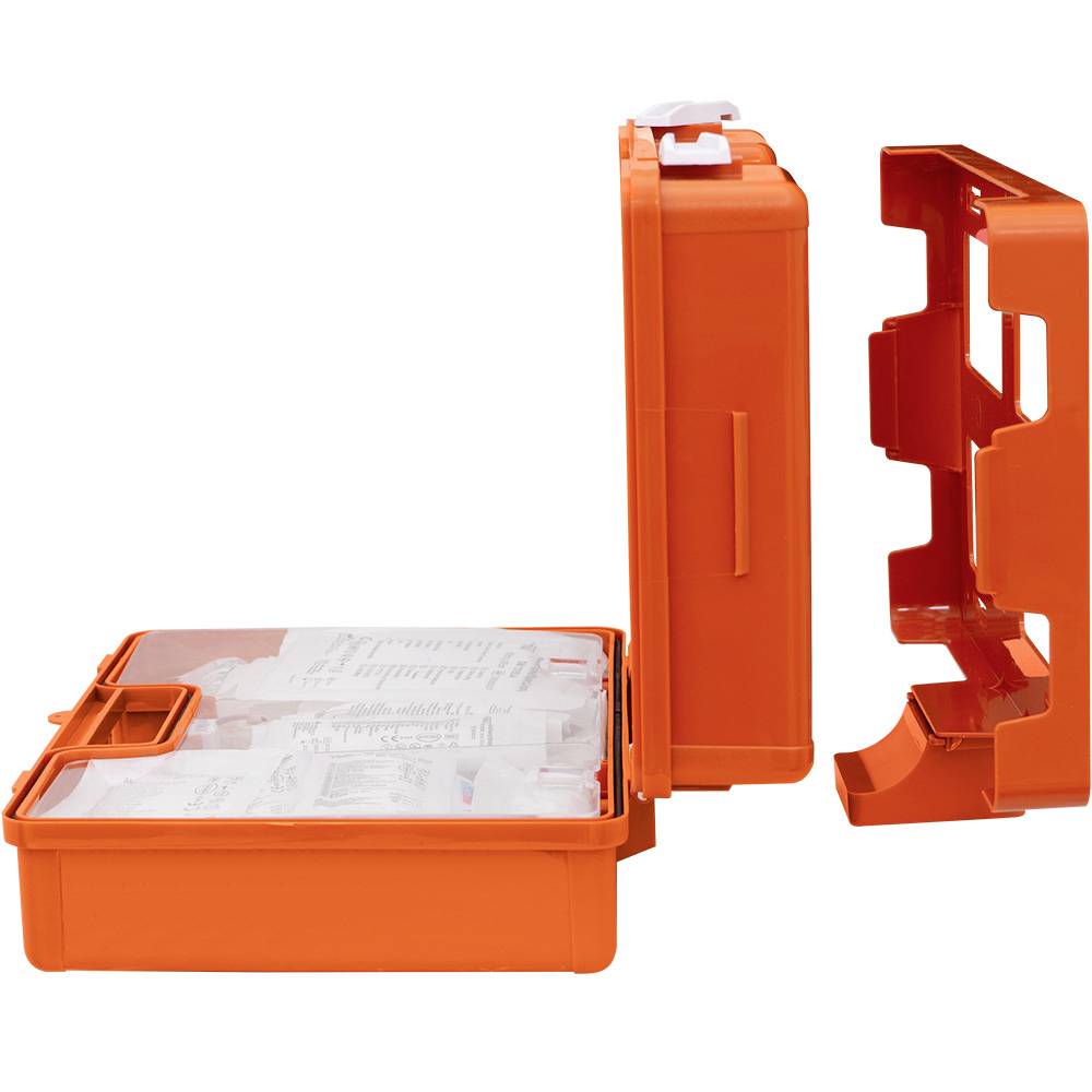 Ein orangefarbener Erste-Hilfe-Koffer ist geöffnet und zeigt Verbandmaterial und medizinisches Zubehör.