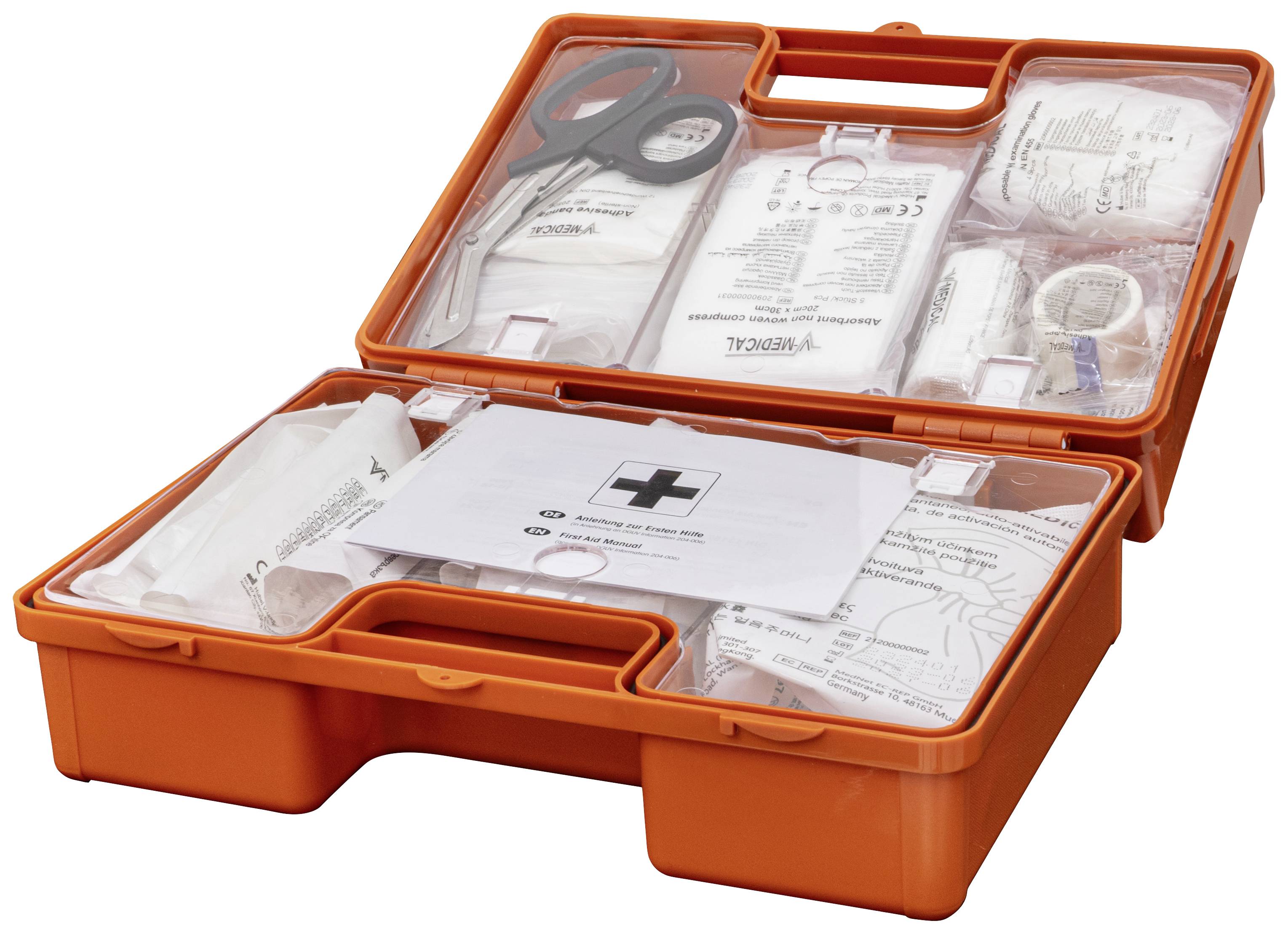 Ein offener, orangefarbener Erste-Hilfe-Koffer. Enthält Verbände, Schere und weitere medizinische Hilfsmittel für Notfälle.