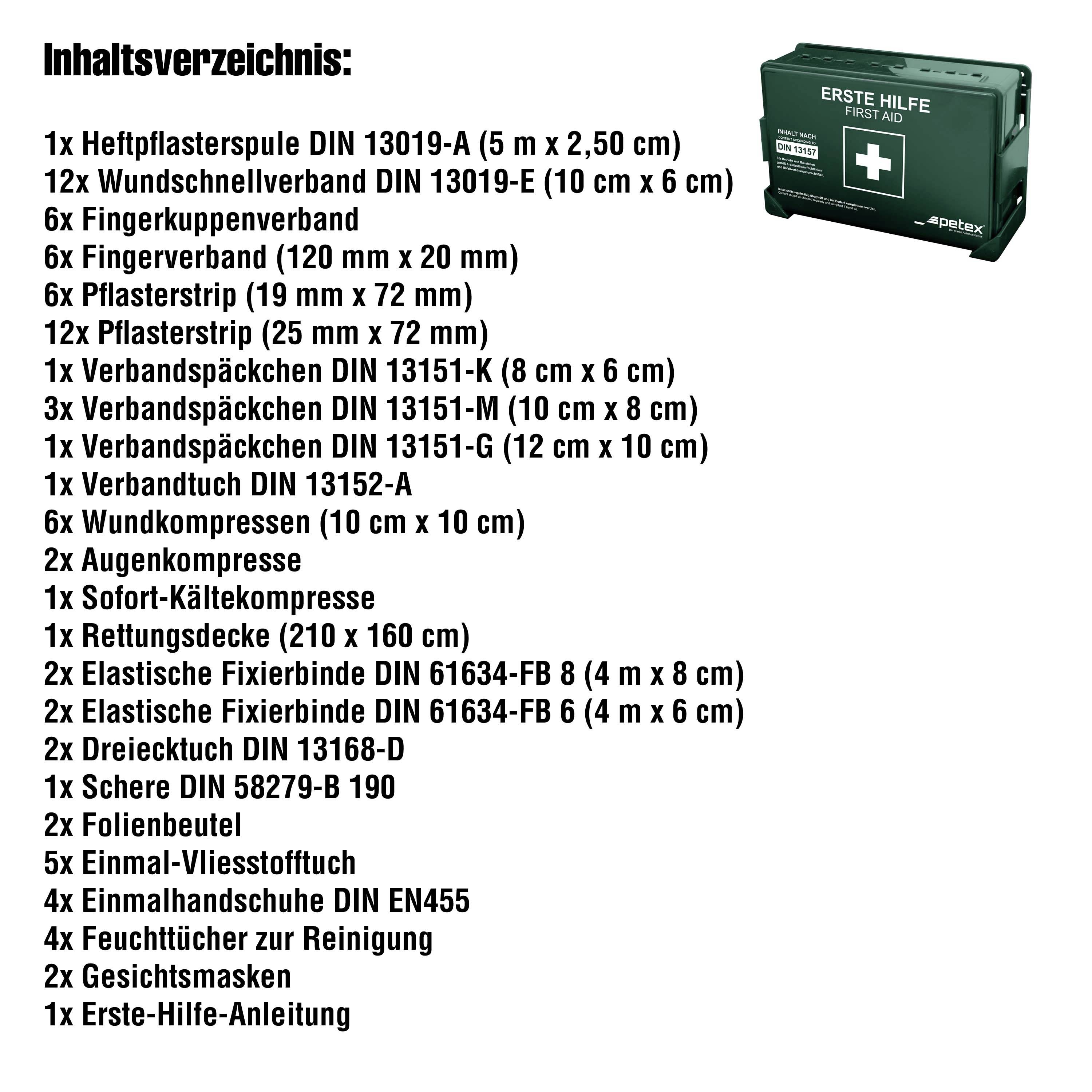'Inhaltsverzeichnis der Erste-Hilfe Box' gefolgt von einer detaillierten Liste der Inhalte, einschließlich Verbandsmaterialien und Kompressen.