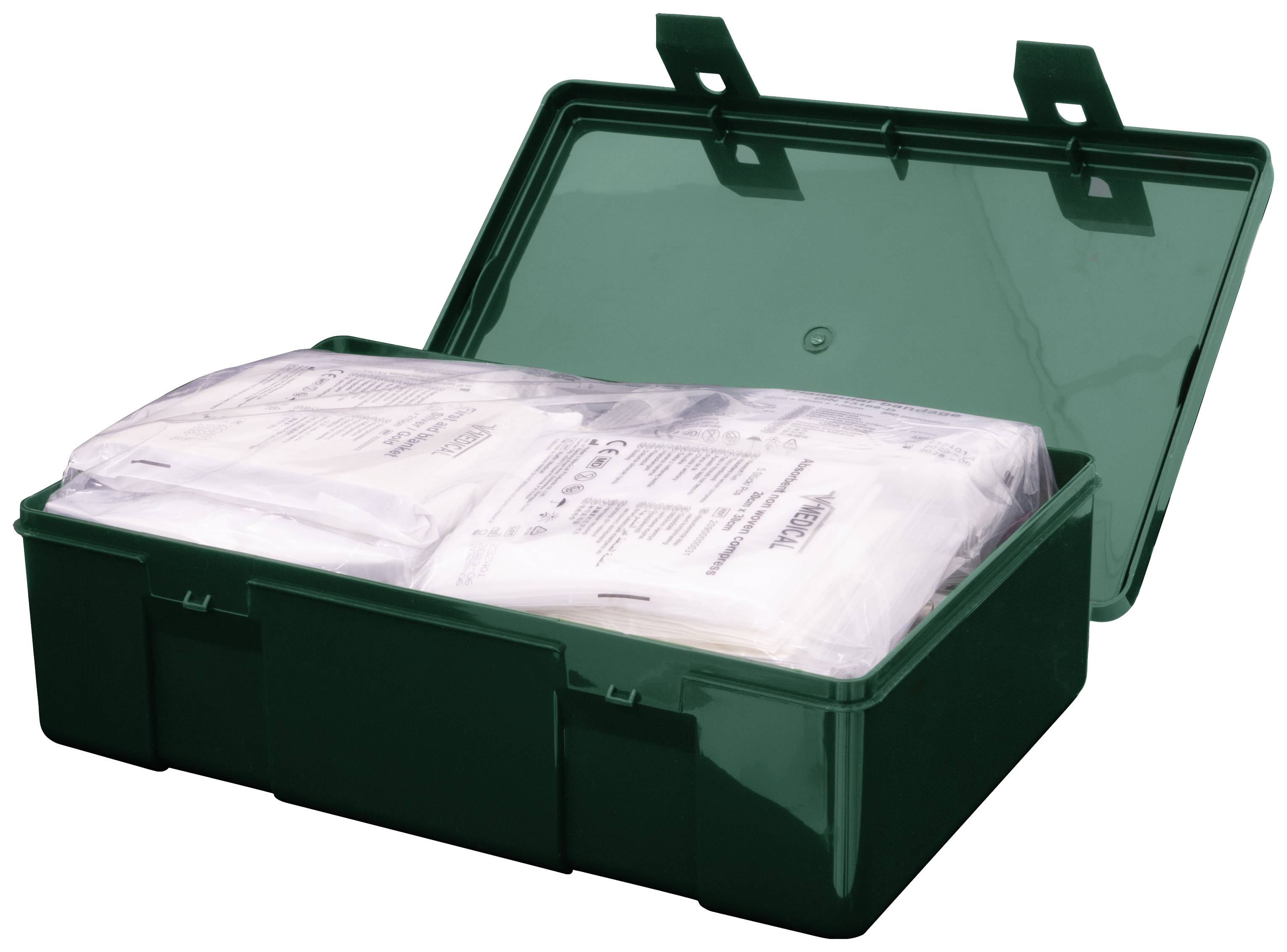 Geöffneter grüner Erste-Hilfe-Kasten mit mehreren Verbandspackungen im Inneren, bereit zur medizinischen Versorgung.