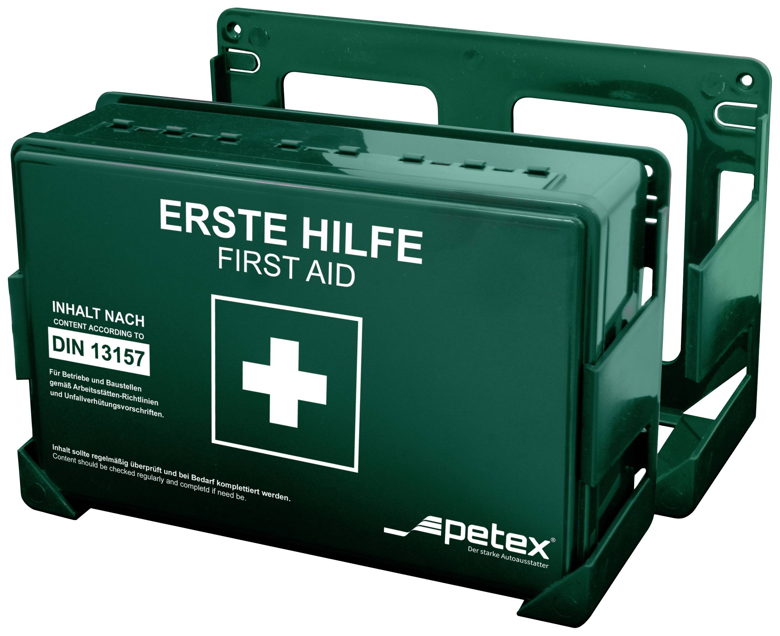 'ERSTE HILFE' Kasten, dunkelgrün, mit weißem Kreuz. Text: 'DIN 13157' für betriebliche Notversorgung. Markierung 'petex'.