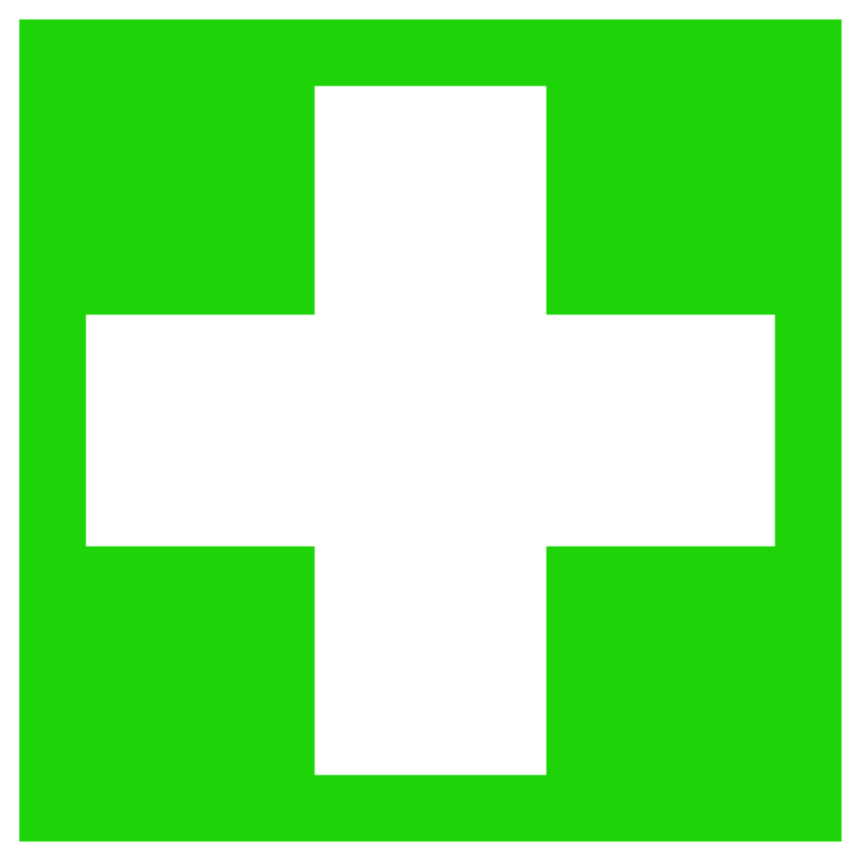 Symbol eines weißen Kreuzes auf grünem Hintergrund, oft verwendet, um auf Erste-Hilfe-Stationen oder medizinische Hilfe hinzuweisen.