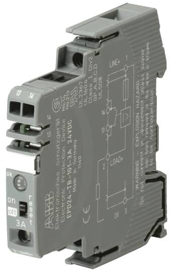 Grau-modulares elektronisches Gerät, ABB-Logo sichtbar, zeigt Schaltplan auf der Vorderseite. Text mit technischen Spezifikationen.