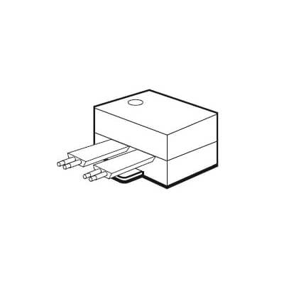 Zeichnung eines rechteckigen elektrischen Steckverbinders mit zwei Kabeln im Querschnitt, die auf der linken Seite herausragen.