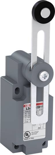 Graues ABB-Schaltergehäuse mit langer Metallhebel und schwarzem Rad oben. Auf dem Gehäuse sind Firmenlogo und technische Details.