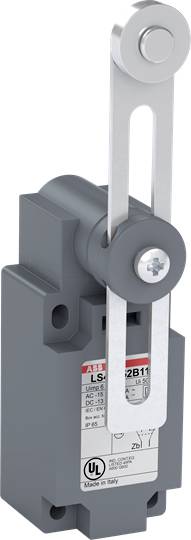 Ein grauer Endschalter mit Hebel und Rollenmechanismus, zertifiziert von UL, hergestellt in Italien.