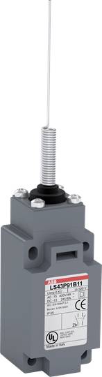 Ein grauer Endschalter mit Federhebel, Typ LS43P21B11, enthält CE- und UL-Zertifizierungen. Geeignet für industrielle Nutzung.