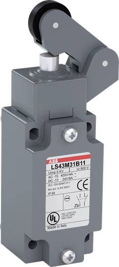 Ein grauer Endschalter mit Hebelarm. Er trägt Aufkleber mit technischen Spezifikationen und Zertifizierungen, Modell 'LS43M31B11'.